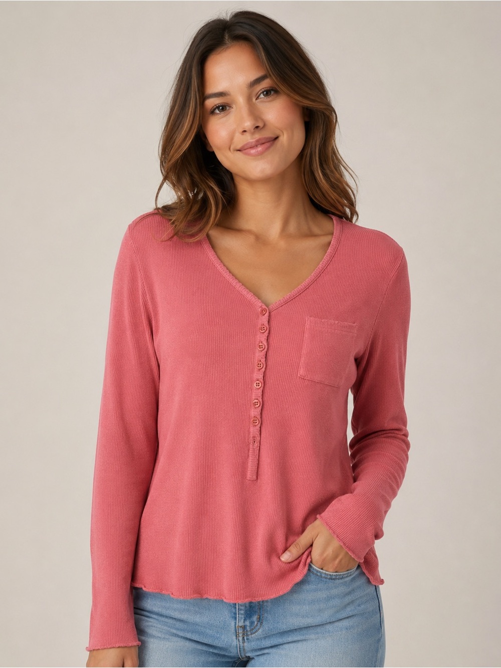 Sundance Waffle Knit Thermal Pocket Henley Long Sleeve Top Large Coral Cotton